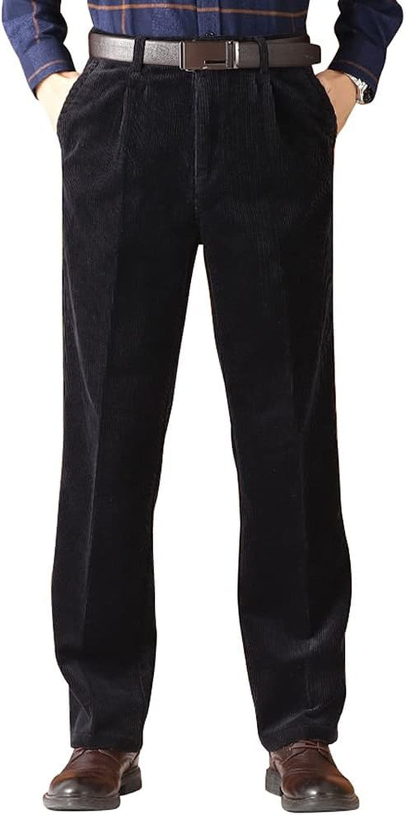Men'S Corduroy Pants Casual Pleated Front Straight Leg Loose Fit Cord Pants Trouser