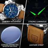 Fashion Original Men'S Watches Leather Date Chronograph Quartz Watch for Man Waterproof Luminous Casual New Trend Watch
