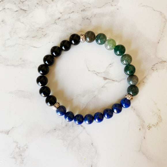 Black Onyx, Lapis Lazuli and Moss Agate Bracelet